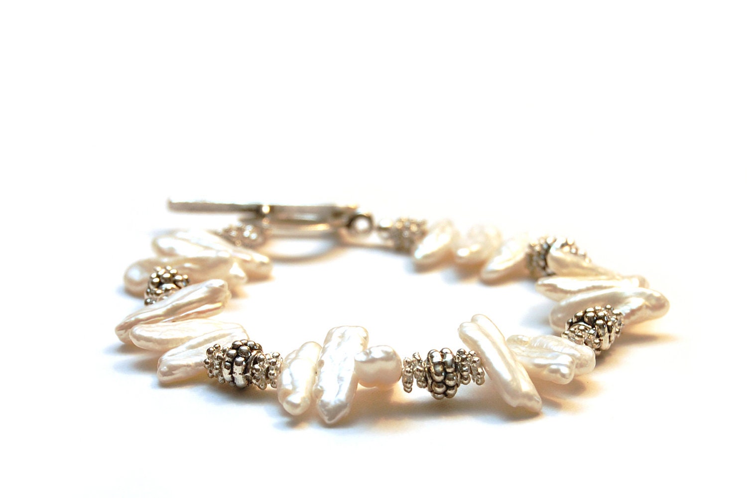 Rectangle Freshwater Pearl and Silver Bracelet - Modern Wedding, Bridesmaids Gifts