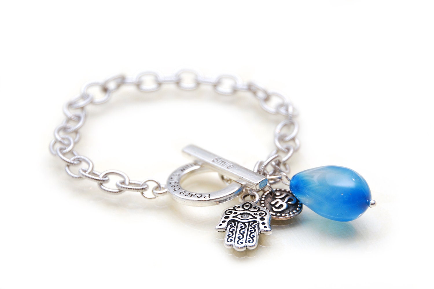 THROAT CHAKRA - Natural Sodalite Drop Silver OM Bracelet (Fifth Chakra - Thyroid, inflammation, travel sickness, depression, back pain)