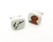 Alfred Hitchcock Cuff Links Silhouette The Birds Horror Movie on White Porcelain Handmade  Psychological Thriller