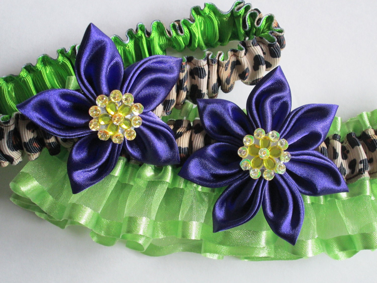 Bridal Wedding Garters, Cheetah Leopard Garters, Purple Garters, Lime Organza Garters, Kanzashi Flower for Destination Bride, Prom Garter