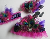 Purple Zebra Garters, Fuchsia Wedding Garters, Bride's Garter Set w/ Magenta Pink Ruffles & Peacock Hair Clip Fascinator, Prom Garters