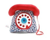 dial telephone play cushion velcro handset marine blue red flowers pattern - telephone à cadran combiné avec velcro bleu marine rouge fleurs