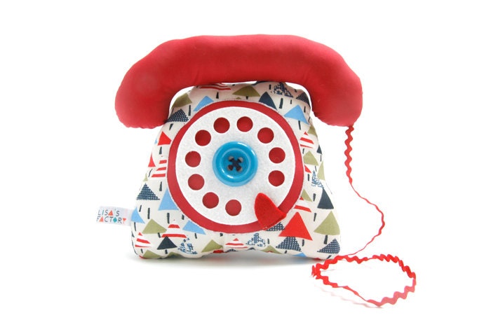 dial telephone play cushion velcro handset red navy blue triangles pattern - telephone cadran combiné rouge bleu