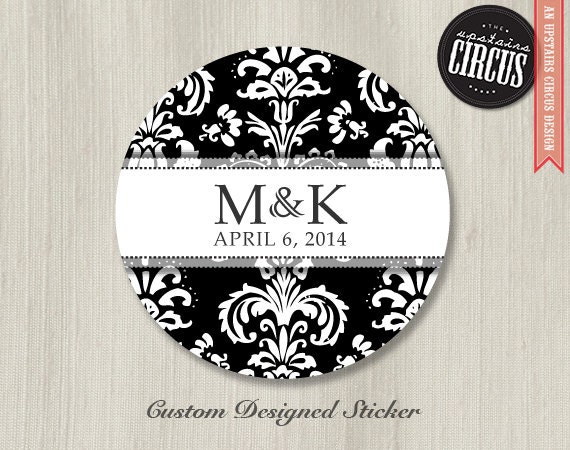 100 Custom Wedding Stickers - Black and White Damask Wedding Labels - 2" Round