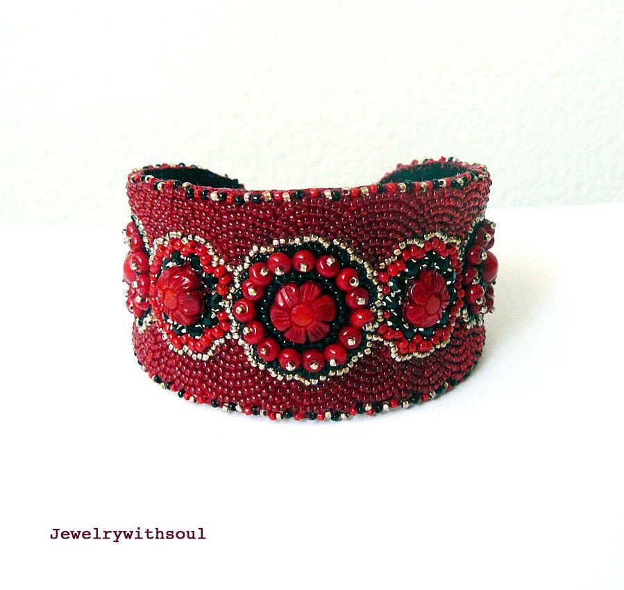 Bead embroidery cuff bracelet with red bamboo coral flowers, Swarovski crystals and seed beads in bright red, jet black and gold - Red poppy