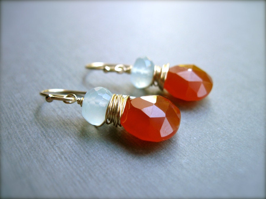 Chalcedony Wire Wrapped Drop Earrings in 14K Gold Fill, Aqua Chalcedony and Dark Orange Chalcedony Gemstone Earrings