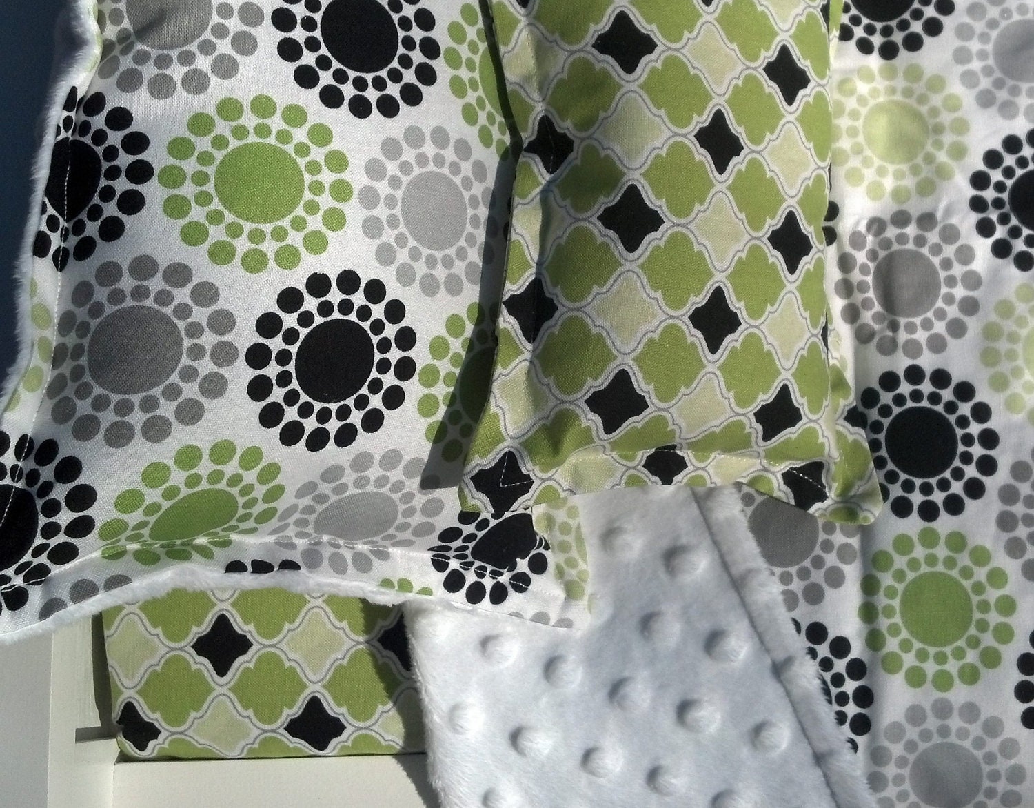 American Girl Bedding Green Grey Black and White Geometric 5 piece Bedding Set for Doll Bed Handmade