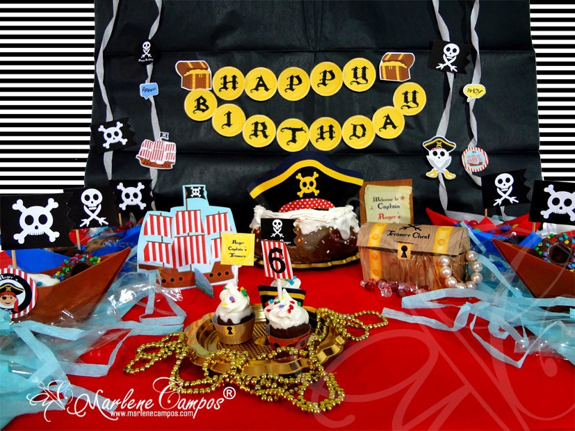 PRINTABLE- Full Pirate Birthday Party - Pirate Collection, Party Package Personalized -DIY- Custom-Paper Art by Marlene Campos