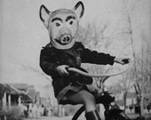 Black and White Halloween Art, Mixed Media Collage Print, Piggy, Girl on Tricycle with Pig Mask, Halloween Decoration