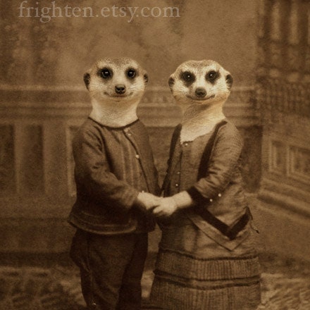 Meerkat Art, Mixed Media Collage Print, The Meerkats, Sepia Altered Antique Childrens Portrait, frighten