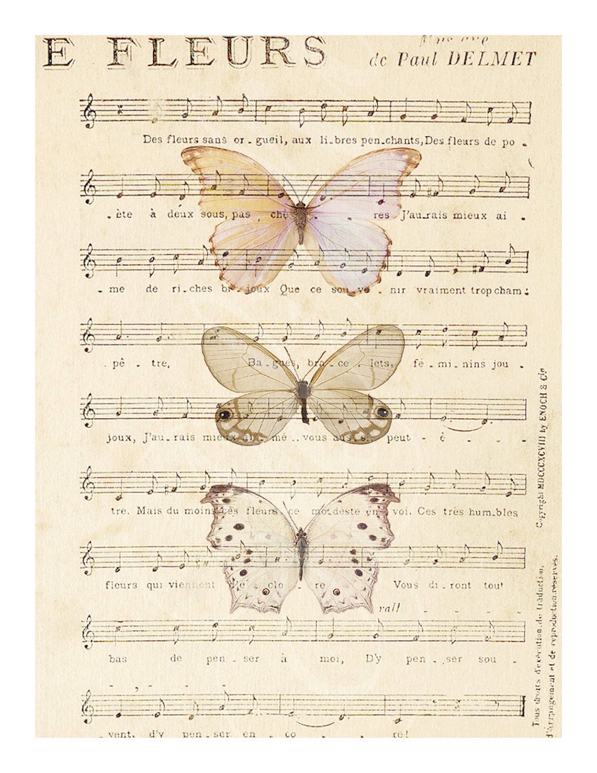 Art Print Butterflies on Vintage Ephemera Music Notes Home Décor Original Design by Adidit Print no. 111