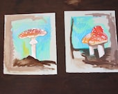 Mushroom triptych, Original mixed media Drawings on gray paper