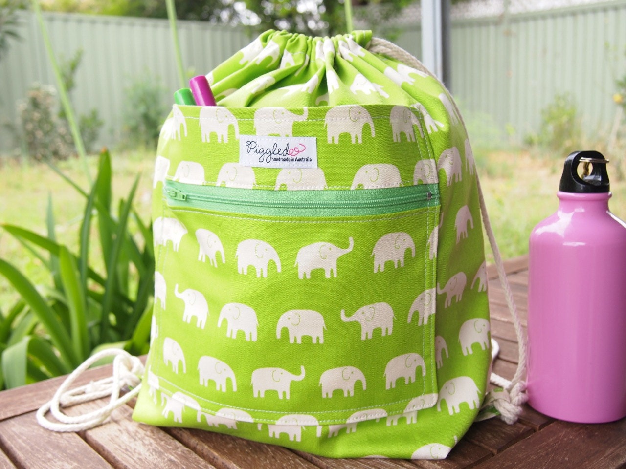 Made to Order: Large Child's Backpack with Double Pocket - Green Elephant