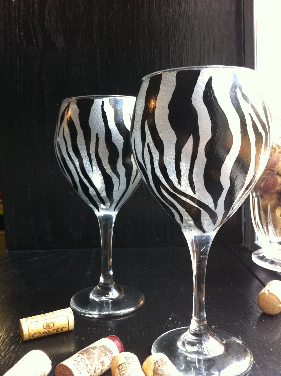Set of 2 Hand Painted Zebra Animal Print Wine Glasses