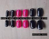 Black & Neon Pink with Silver Diamond Stud Nail Art Set