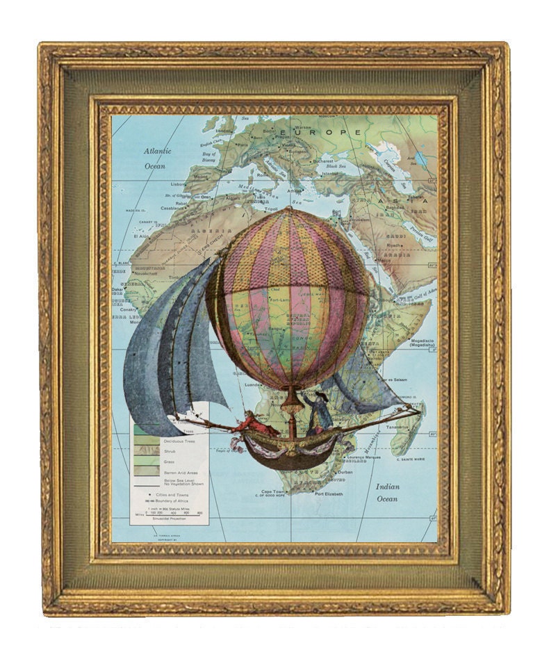 Hot Air Balloon-Vintage Map Print-  8x10