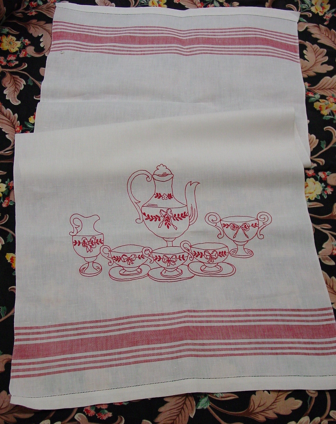 Vintage Show Towel, Redwork Embroidery, Coffee Pot,Cups,Saucers,Stripes