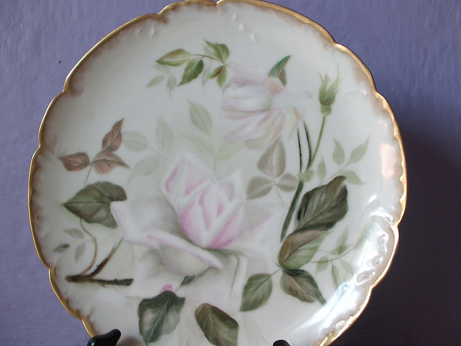 antique white roses plate, Haviland Limoges France china plate, decorative plate, hand painted, 1870's, victorian cabinet plate wedding gift