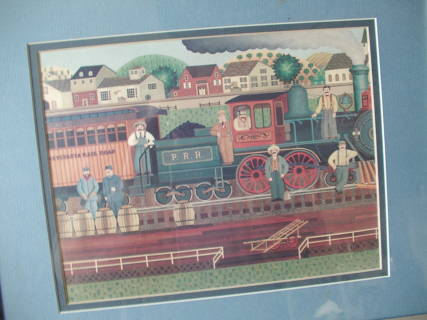 vintage Pennsylvania Railroad folk art print, Ruth Brunner Strosser train art print framed boys bedroom decor