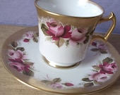 antique gold tea cup and saucer set, vintage Royal Chelsea English tea set bone china tea cup, pink roses tea cup, wedding gift for bride