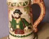 vintage 3-D tankard, ceramic beer stein Austrian Bavarian woodsman deer, woodland animal collectible beer mug, barware