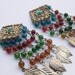 vintage Hippie jewelry clip on earrings, beaded dangle earrings, red green blue amber beads metal leaves feathers, beatnik jewelry