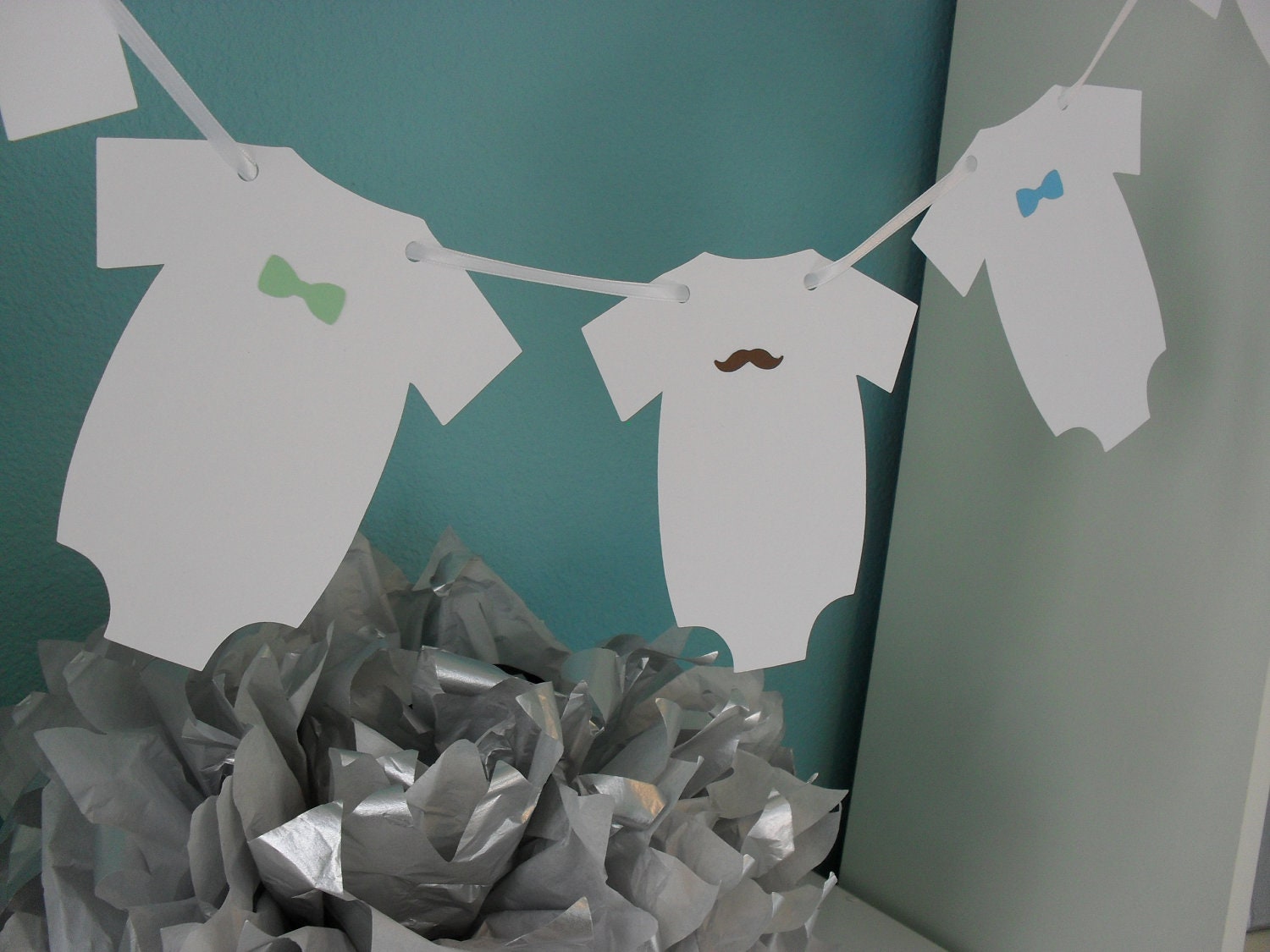 Little Man Mustache and Bow Tie Onesie Banner Garland Brown Blue Green Birthday Party Baby shower Beau or Bow Custom colors available Il_170x135