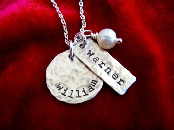 Mother Necklace Two Kids Stamped Sterling Silver Distressed Tag and Disc