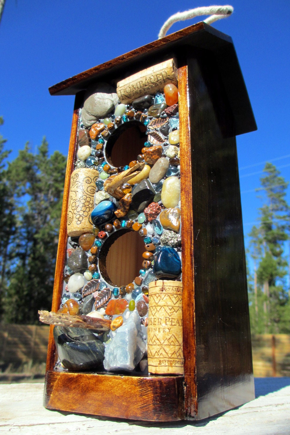 Mosaic Stone and Wine Cork  Birdhouse-Bird Feeder