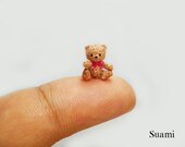 0.4 inch Crochet Micro Bear  - Tiny Amigurumi Miniature Teddy Mohair Bear Pink Bow - Made To Order