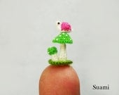 Micro Pink Snail Green Mushroom - Mini Tiny Crochet Miniature Snails - Made To Order
