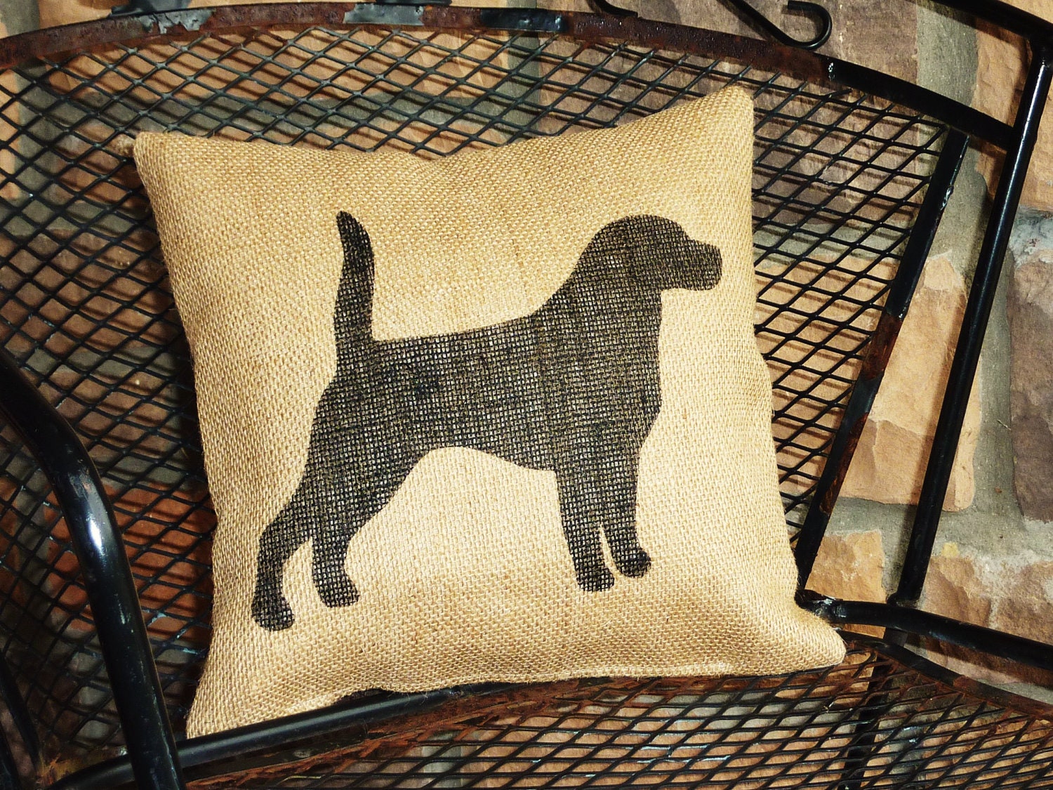 Handmade Stenciled Beagle Silhouette Burlap Pillow-Insert Included