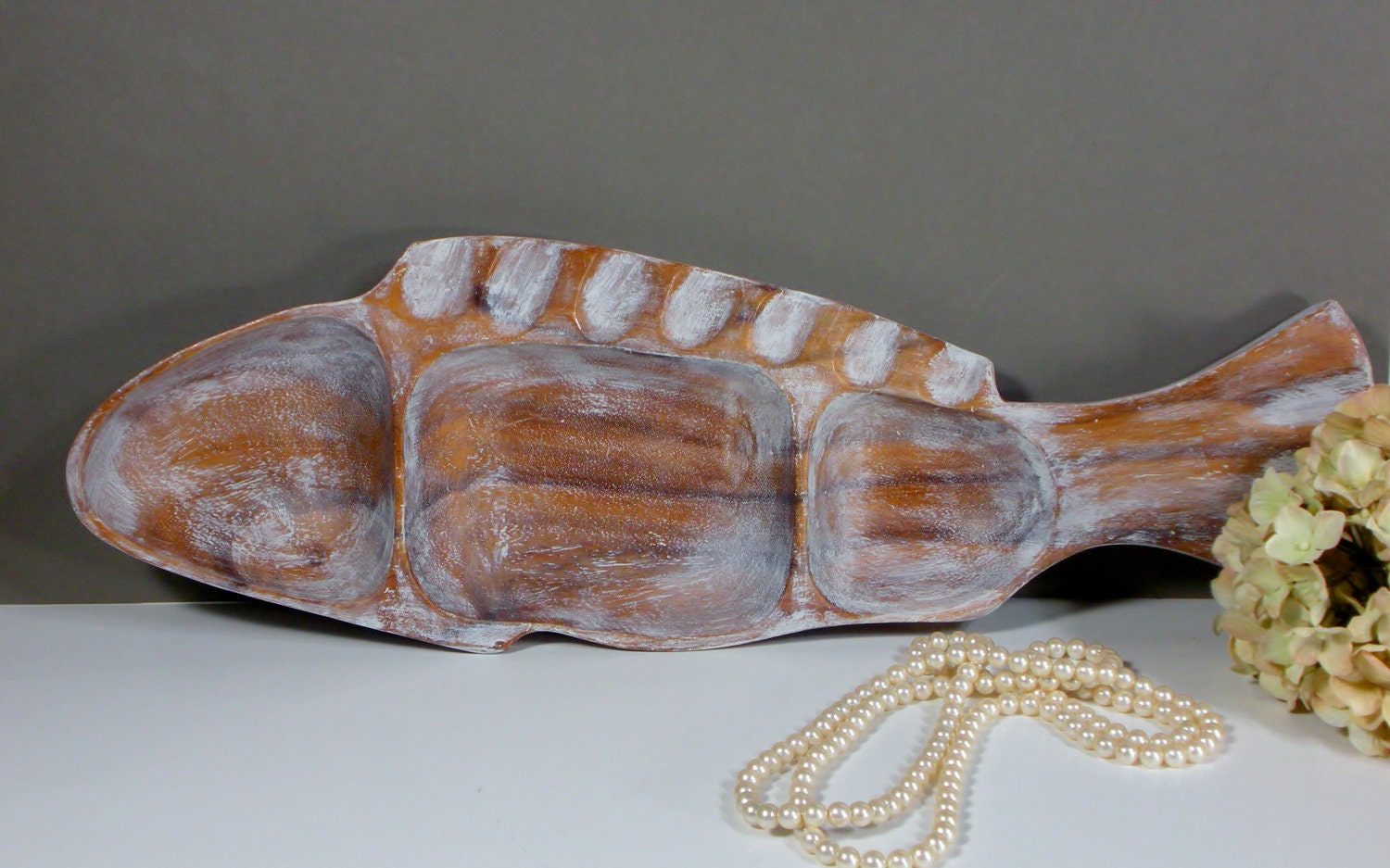 Fish shaped decorative tray / rustic home decor / jewelry display / distressed / centerpiece / upcycled / shabby chic
