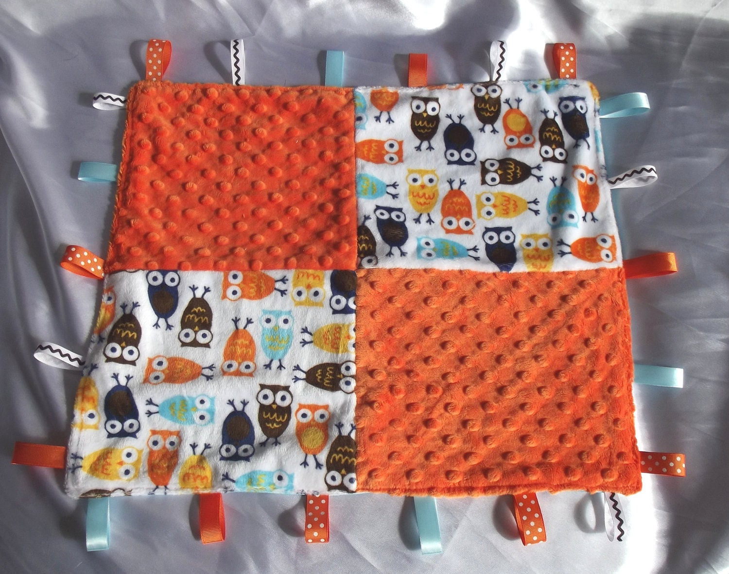 Personalized Lovie Tag Blanket Ribbon Orange Owl Minky and Satin