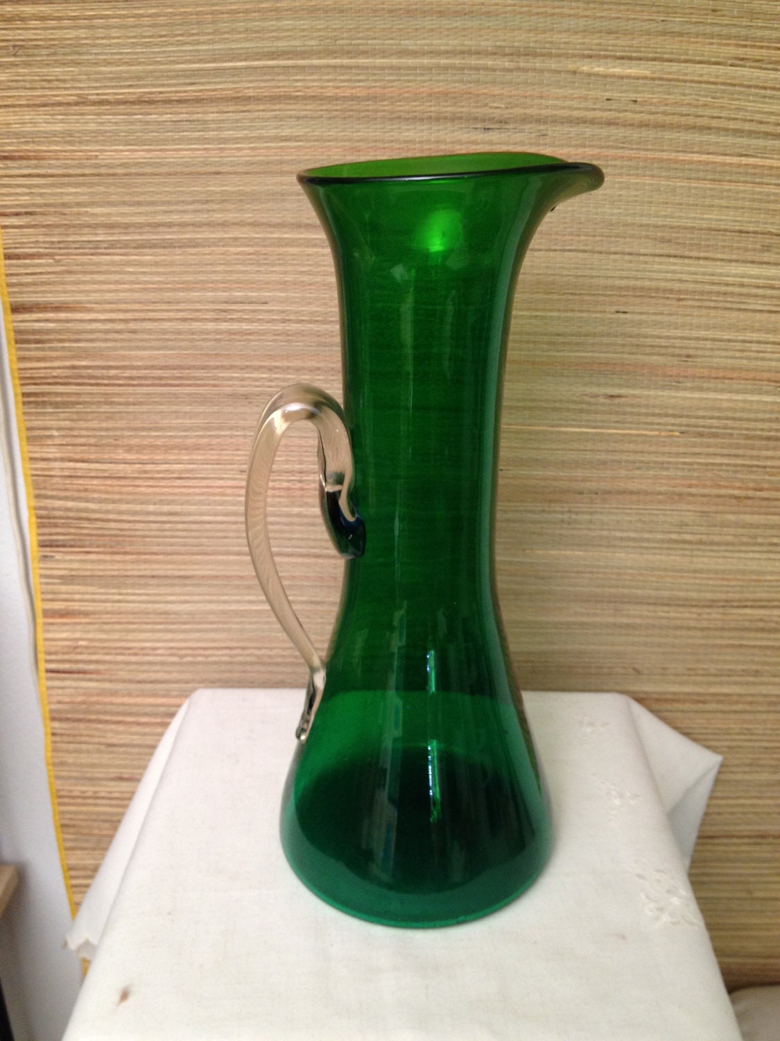Stunning HUGE 16" Vintage Mid-Century Modern Blown GREEN GLASS Pitcher Murano