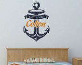 Wall Decal : Kids Anchor with Custom Name Birth Year Nautical Vinyl Wall Art Decal Sticker