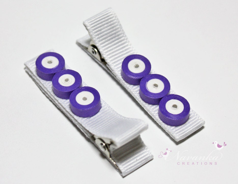 Set of 2 Purple and White Polka Dots Alligator Hair Clips with Paper Quilling  and lined with white ribbon