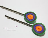 Set of two  Bobby Pins with Paper Quilling Peacock Feather  Accent