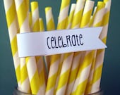 Yellow Paper Straws - Set of 25 Striped Drinking Straws With DIY Printable Straw Flag