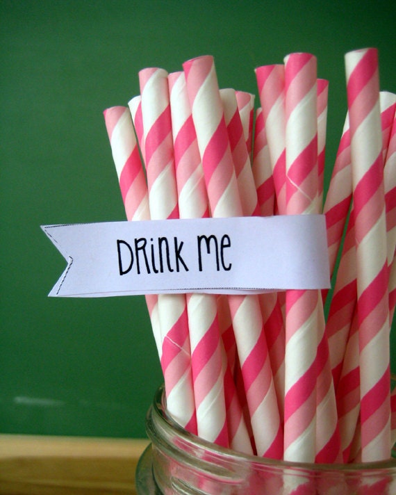 Princess Straws - Light and Hot Pink Striped Paper Straws - Set of 25 Party Straws With DIY Printable Flags