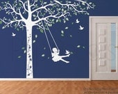 Tree Wall Decals Kids Playroom Decor Girls Decal Nursery Wall Stickers-Big Tree with Swing Girl-Designed by Popdeors
