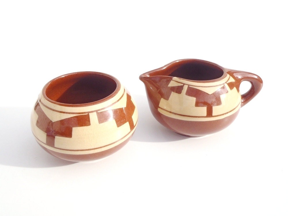 Vintage B. Talbot Pine Ridge Sioux Pottery Small Bowl & Pitcher Signed Red, Cream Ceramic South Dakota Native American Oglala Lakota Craft