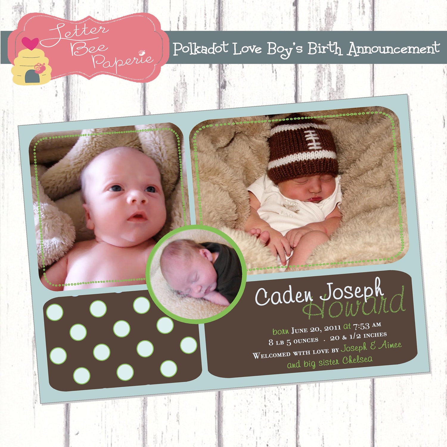 Polkadot Love Baby Boy Birth Announcement - 3 Photos - DIY Printable File - Chose Your Custom Colors Il_570xn