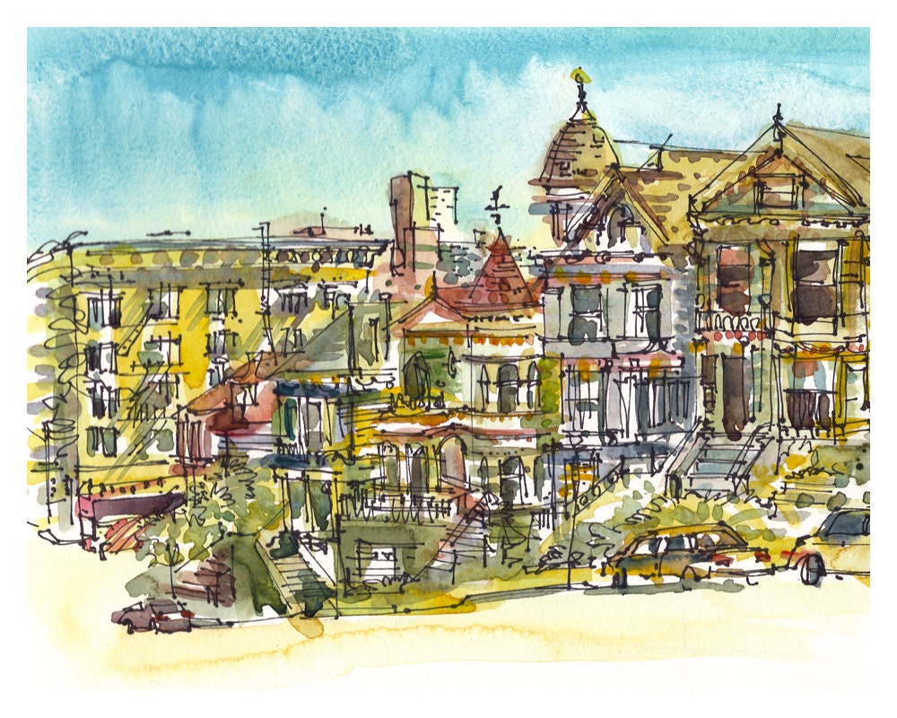 San Francisco Painted Ladies, California watercolor sketch- 8x10 fine art print from an original watercolor