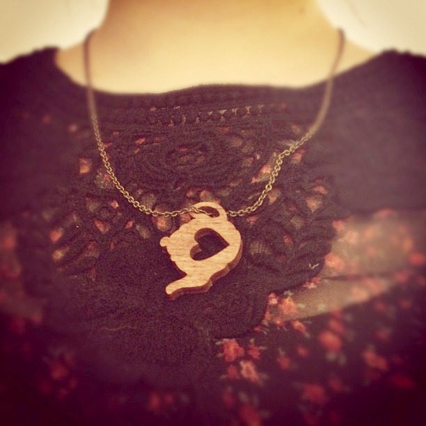 Tea Lover Necklace, Tea Pot Heart, Wooden