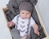 Children's Clothing Baby Boy Tie Onesie with Suspenders and Legwarmers Leg Warmers Gray Chevron Stripes Photo Prop Birthday Outfit