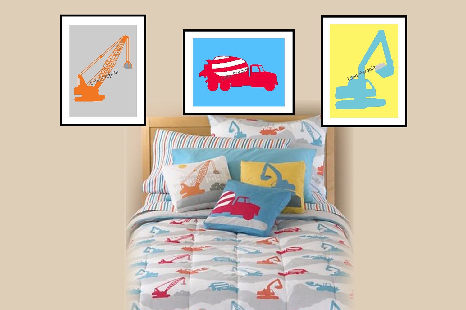 Construction Nursery Wall Art 3 Piece for Toddler Nursery Room Art  8"x10" prints, Matches Land of Nod Construction Zone bedding