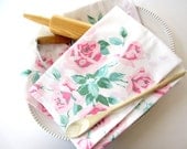 Handmade Upcycled Dish Towel from Vintage Genuine Wilendur Printed Tablecloth 1950s Kitchen Hand Towel Pink Green Lavender Roses