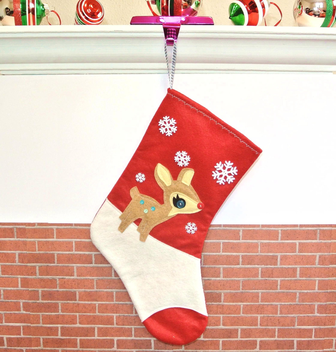 Retro Rudolph Deer Christmas Stocking in Red by Allenbrite Studio