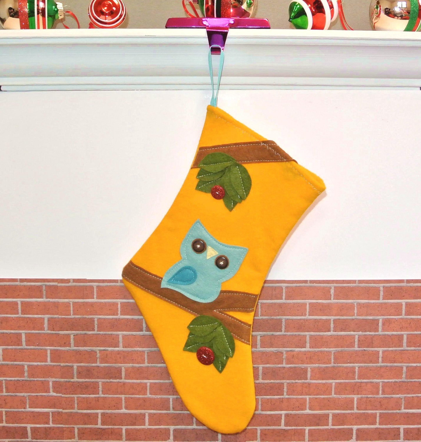 Owl Christmas Stocking in Yellow by Allenbrite Studio